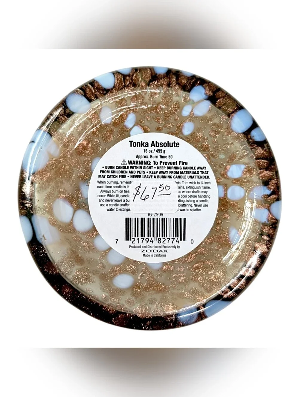Zodax Tonka Absolute Scented Candle Speckled 16 oz Two Wick Hand Blown Art Glass